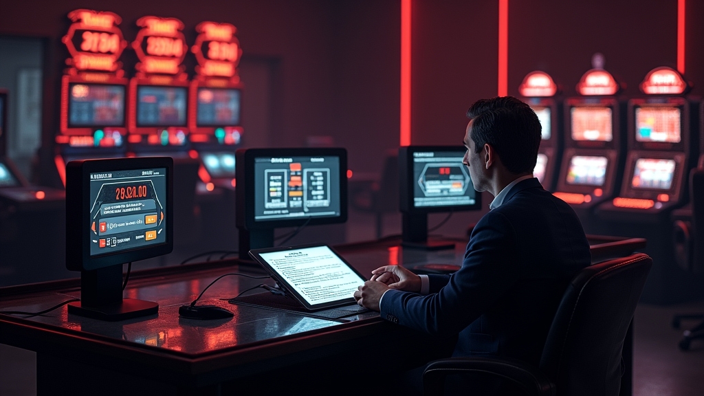 Player reviewing bonus wagering rules on a tablet in a dark casino setting