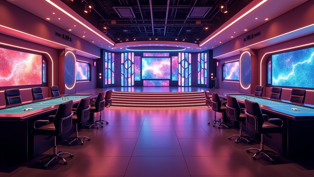 Live dealer tables beside a colorful casino game-show studio