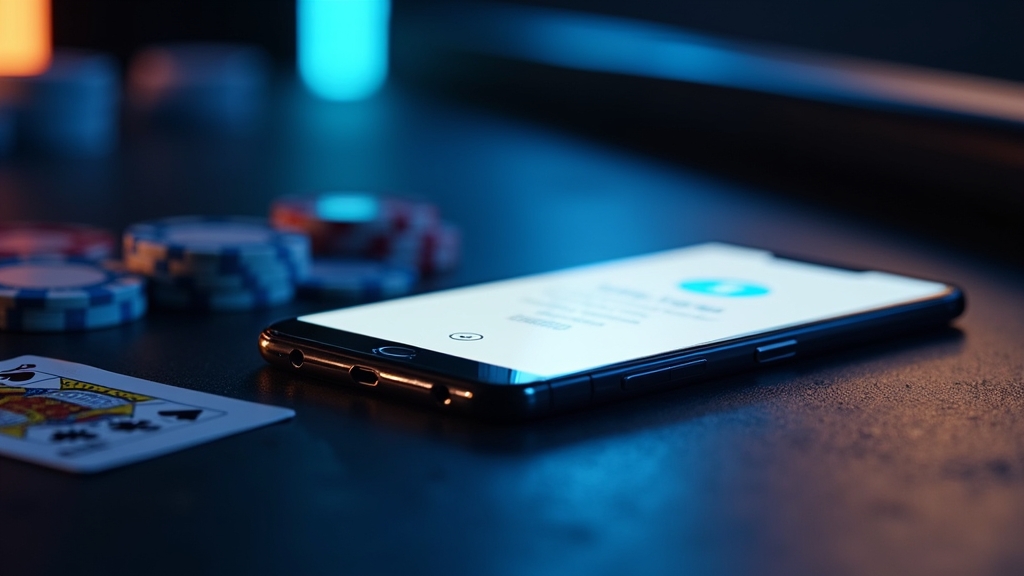 Android phone showing a casino app download screen on a dark gaming table