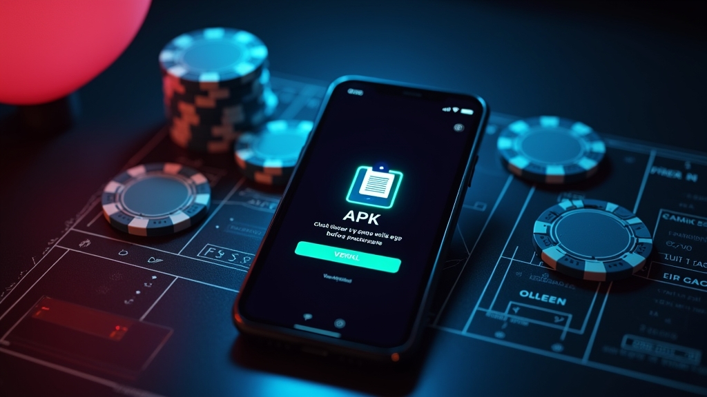 Smartphone verifying a casino APK file in a dark neon casino setting