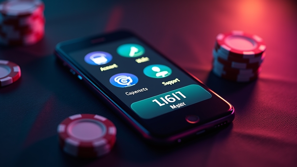 Mobile casino app menu with account, games, wallet, and support tiles