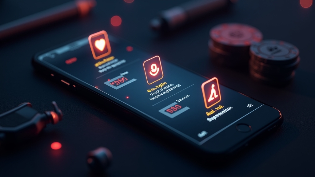 Smartphone displaying update, security, and support icons in a casino setting