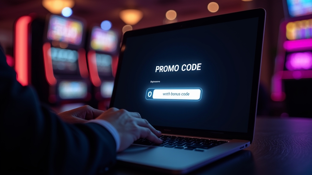 A player entering a promo code on a casino sign-up screen in a dark neon-lit setting