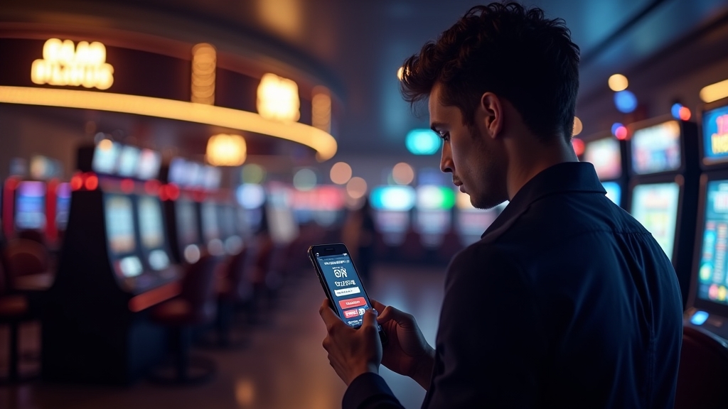 Player checking a promo code screen beside no-deposit bonus banners in a dark casino setting