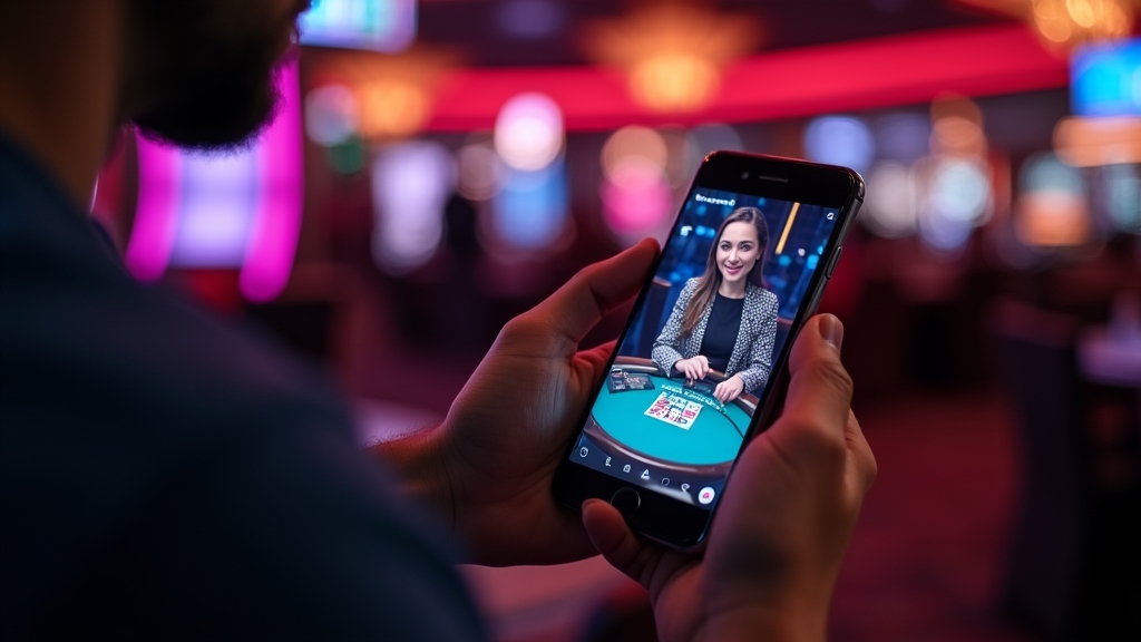 Person using a phone to watch a live dealer table in a dark casino setting
