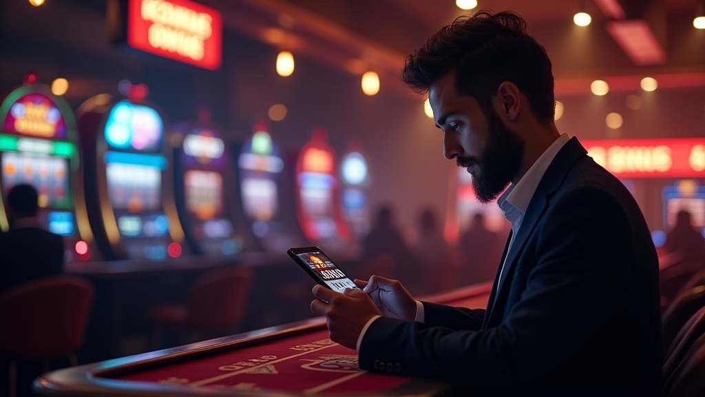 New player reviewing a no-deposit bonus offer on a phone in a dark casino lounge