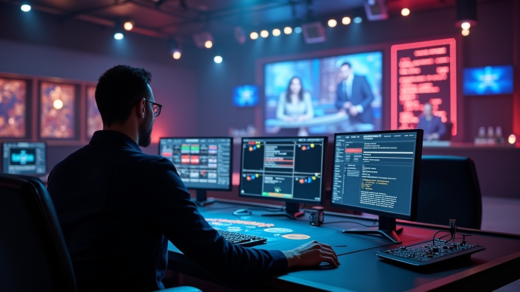 Live casino studio with dealer lighting and a secure, modern broadcast feel