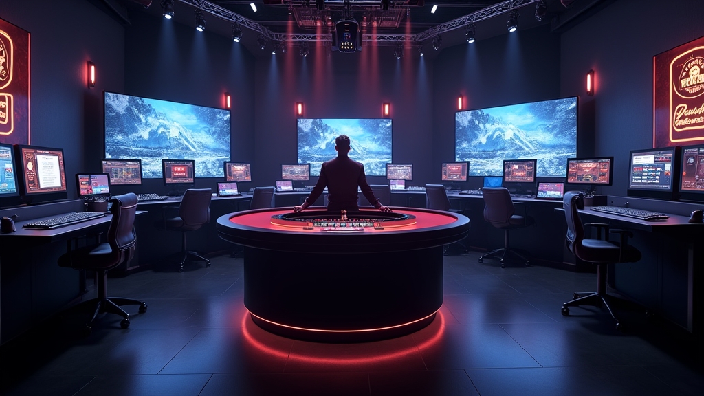 Dealer at a live roulette table in a dark casino studio with neon lighting